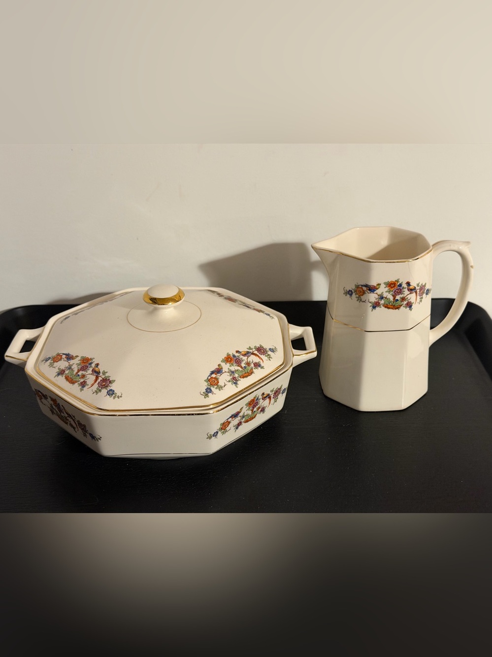 Antique Homer Laughlin Yellowstone Octagon Tureen And Pitcher Floral Bird Set